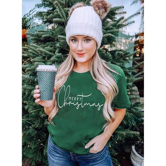 Caipudan Women Green Graphic Tees Short Sleeve Tops Christmas Tree Day T Shirt - Picture 3 of 7